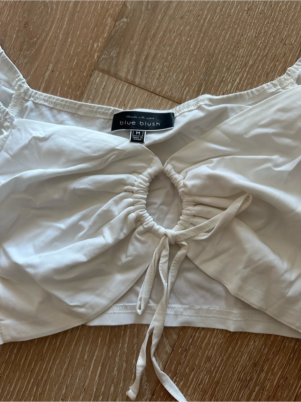 Blue Blush White Ruched Front Cutout Crop Top with Tie